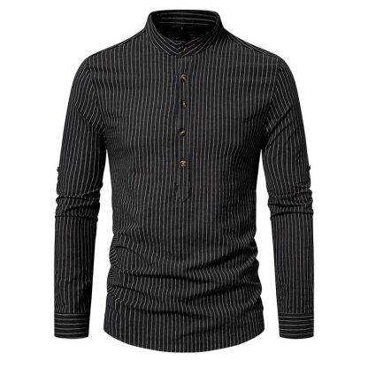 Cotton Linen Striped Henley Shirt - Image 2