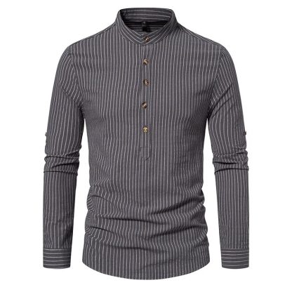 Cotton Linen Striped Henley Shirt - Image 3