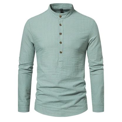 Cotton Linen Striped Henley Shirt - Image 5