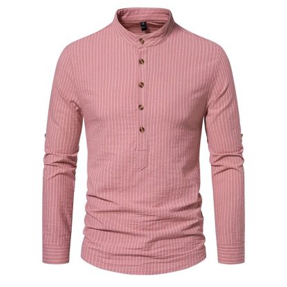 Cotton Linen Striped Henley Shirt - Image 4