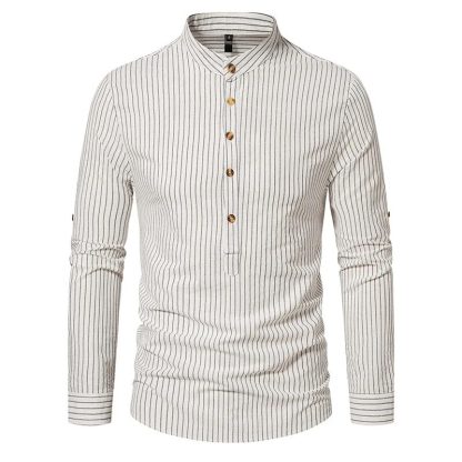 Cotton Linen Striped Henley Shirt