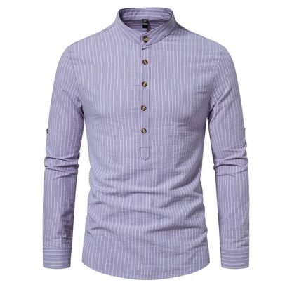 Cotton Linen Striped Henley Shirt - Image 9