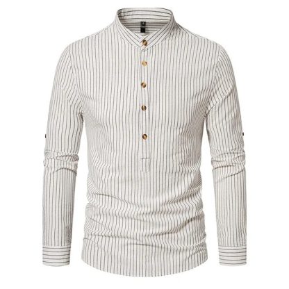 Cotton Linen Striped Henley Shirt - Image 10