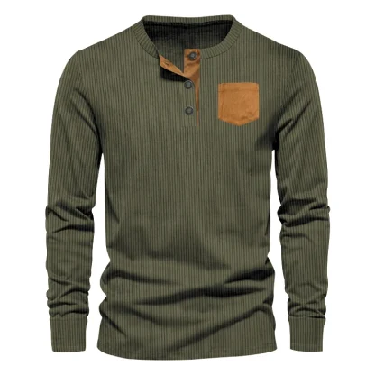 Stylish Casual Men's Corduroy Henley Shirt - Image 3